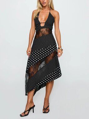 Princess Polly Down With Love Asymmetrical Midi Dress Black Polka Dot Sz 6 NWOT